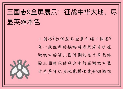 三国志9全屏展示：征战中华大地，尽显英雄本色
